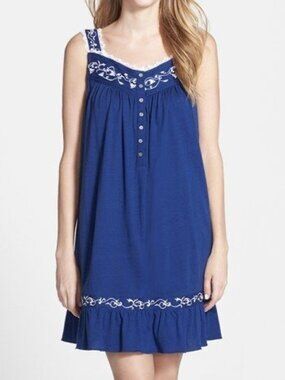 Eileen West Nightgown Blue Lace Trim Cotton Mother of Pearl Floral Buttons Sz S